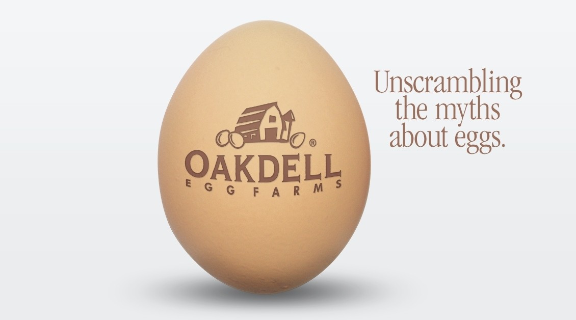 Photo of an egg with Oakdell logo